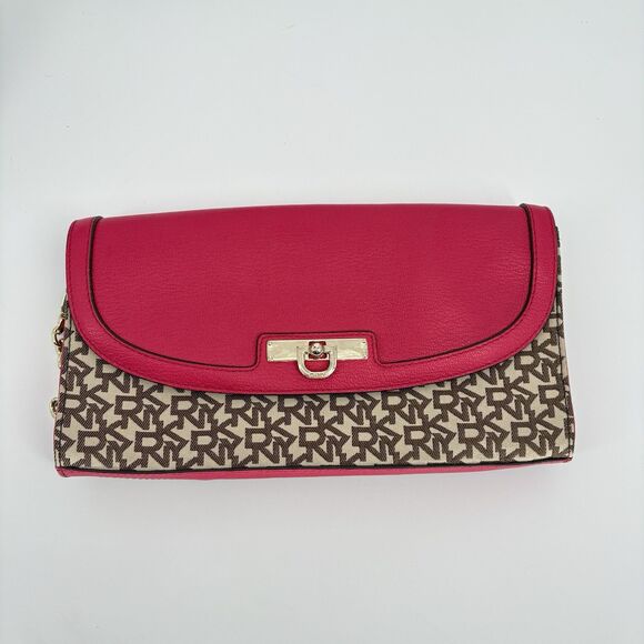 DKNY Signature Chain Clutch Shoulder Bag Chino Fabric Pink Lthr‎ 742315301 - Picture 2 of 10
